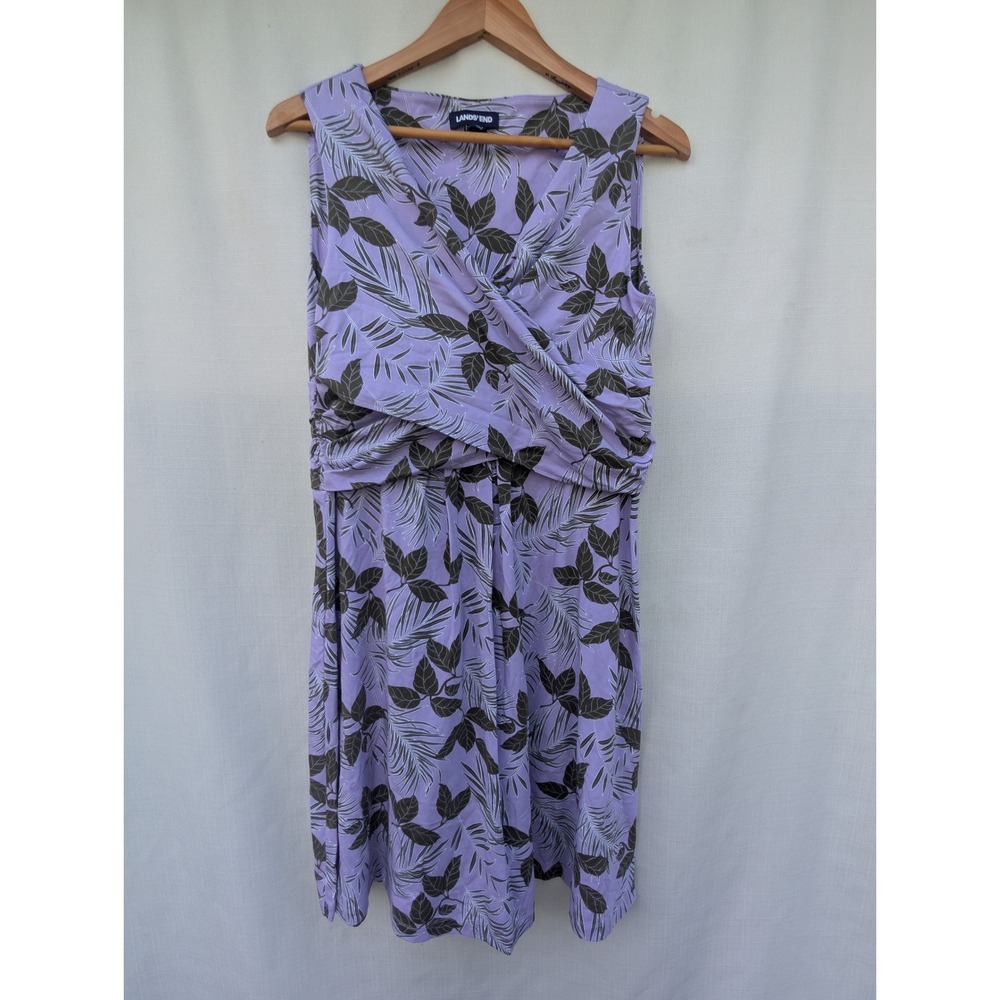 Lands End Faux Wrap Dress Womens M 10 12 Purple Tropical Palm Pima Cotton Knit